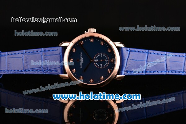 Vacheron Constantin Malte Miyota Quartz Rose Gold Case with Blue Leather Bracelet Blue Dial and Diamond Markers - Click Image to Close
